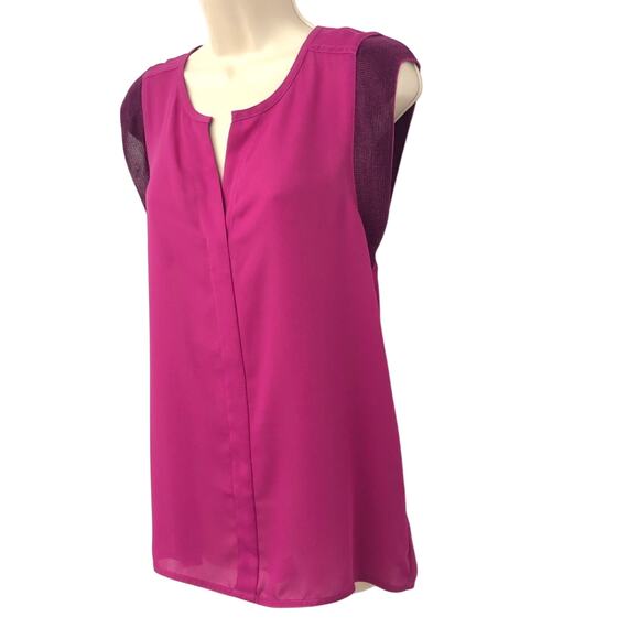 CAbi Campo Fuchsia Pink Split V Neck Popover Tunic Top Mesh Cap Sleeves - Picture 14 of 16